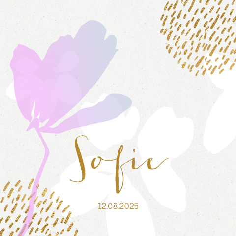 Stijlvol geboortekaartje voor meisje met roze bloem en goudlook