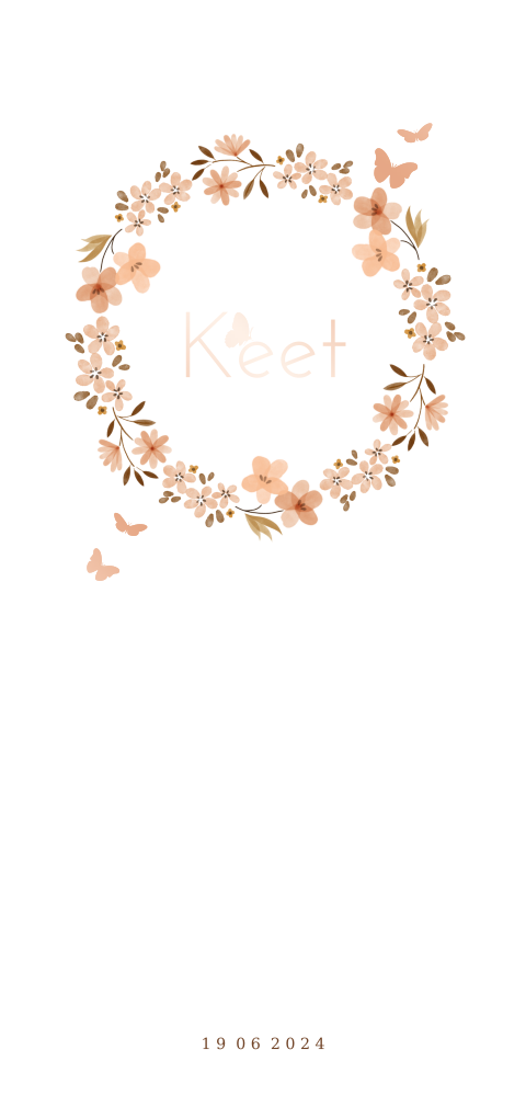 Lief roségoudfolie babykaartje met bloemenkrans en vlinders