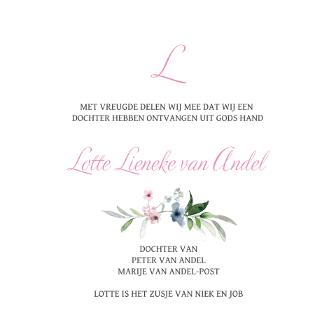 Lief geboortekaartje voor meisje met bloemen en bladerkrans