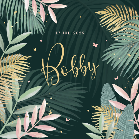 Jungle geboortekaartje voor meisje met goudlook glitter bladeren