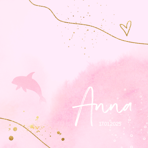 Lief geboortekaartje voor meisje met dolfijntje op roze watercolor