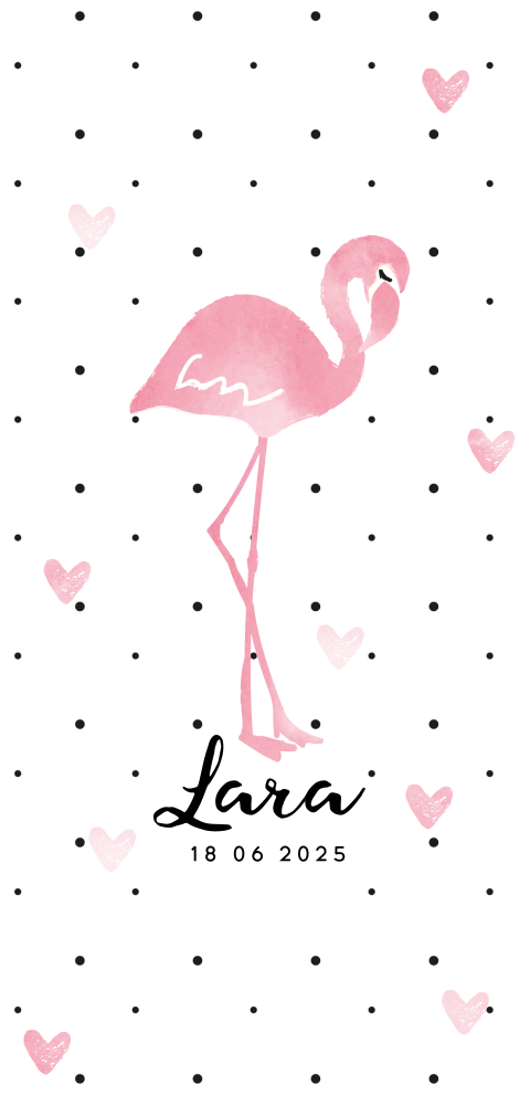 Hip geboortekaartje voor meisje met aquarel flamingo en stipjes