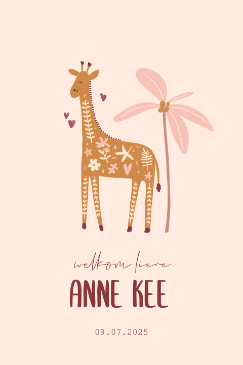 Lief geboortekaartje met giraffe voor een meisje