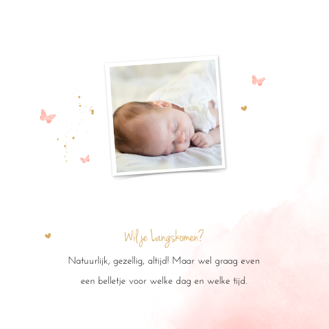 Goudfolie babykaartje meisje met roze watercolour en hartjes