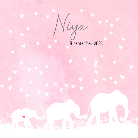 Roze watercolour geboortekaartje met olifantjes en hartjes