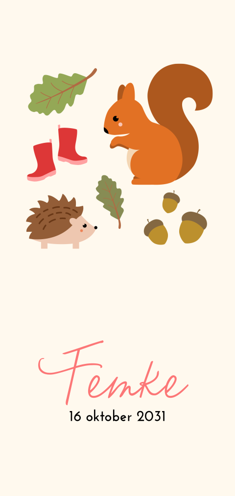 Geboortekaartje voor meisje met illustraties van eekhoorn en egeltje
