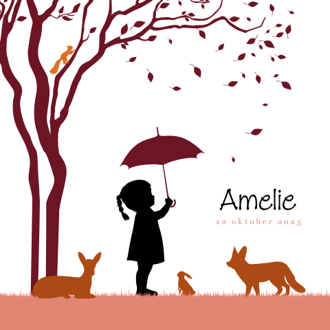 Hip herfst geboortekaartje met silhouet van meisje met paraplu in bos