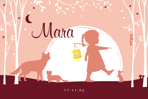 Trendy geboortekaartje met silhouet van meisje met bos dieren en maan