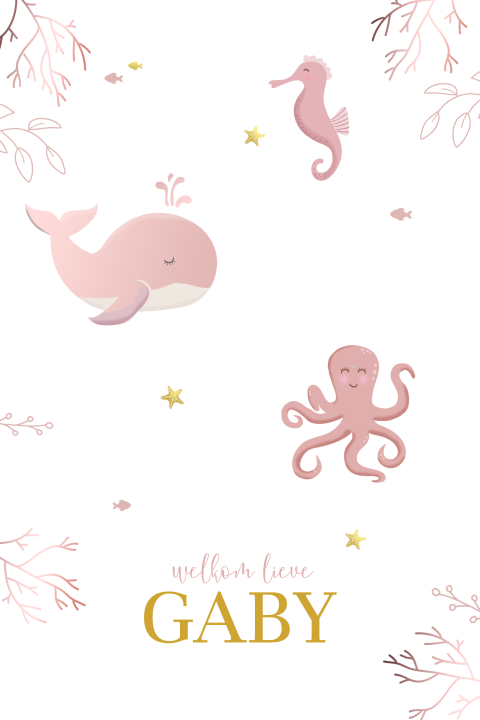 Hip geboortekaartje meisje met illustraties van zeepaard en walvis