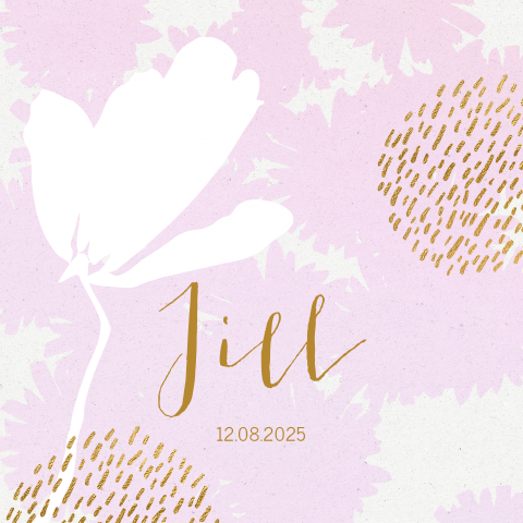 Romantisch geboortekaartje voor meisje met bloem op roze waterverf