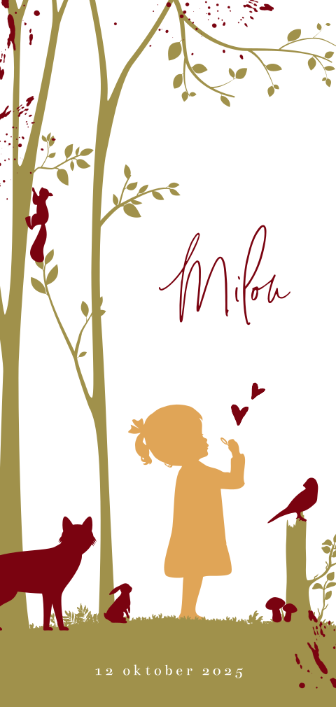 Herfst geboortekaartje met silhouet van meisje met bos dieren