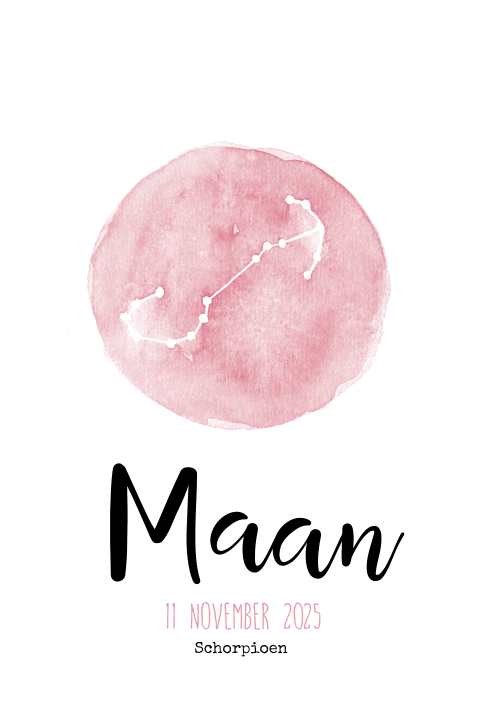 Stoer geboortekaartje voor meisje met roze waterverf sterrenbeeld