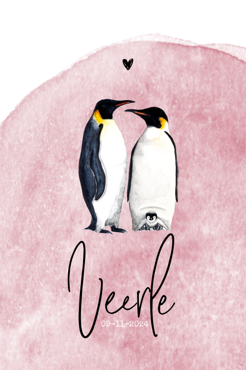 Stoer geboortekaartje voor meisje met schattige pinguïns en roze verf