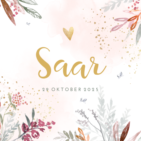 Trendy geboortekaartje voor meisje met aquarel herfstbladeren