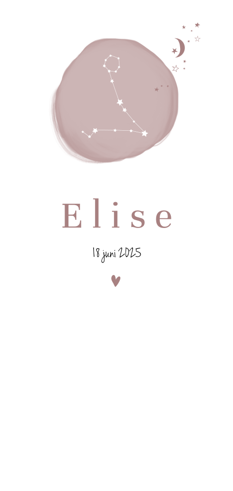 Trendy geboortekaartje voor meisje met oud roze sterrenbeeld en maan