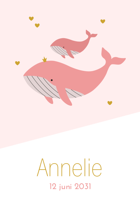 Waterdieren geboortekaart voor meisje met roze walvisjes