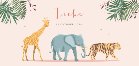 Stoer geboortekaartje meisje met illustratie giraf, olifant en tijger