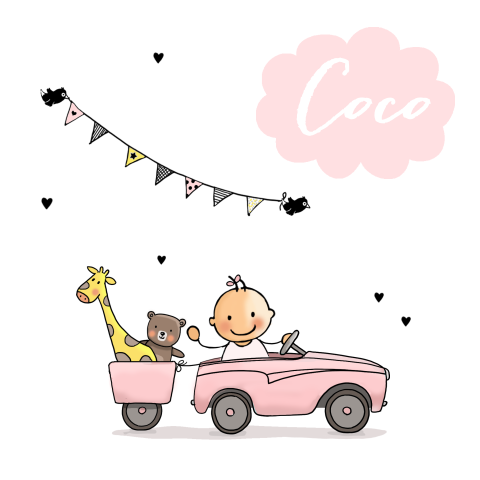 Vrolijke geboortekaart met meisje in roze auto met beer en giraf