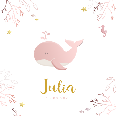 Illustratief geboortekaartje voor meisje met walvisje en zeesterretjes