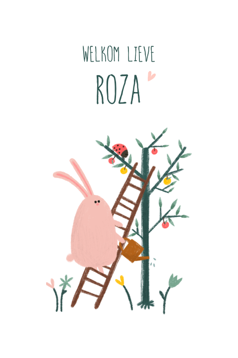 Vrolijk geboortekaartje voor meisje met illustratie konijn bij boom
