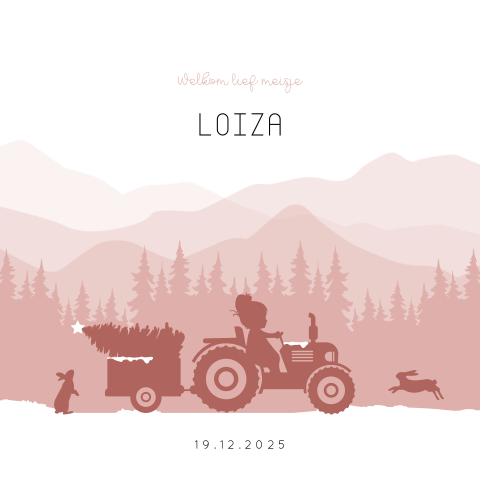 Geboortekaartje met winters landschap en meisje op tractor
