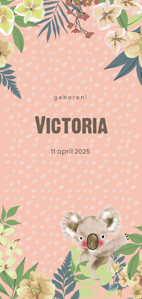 Lief geboortekaartje voor meisje met koala, stipjes en bloemen