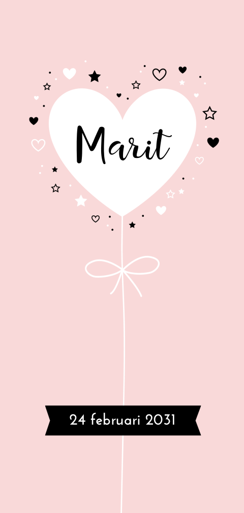 Lief geboortekaartje voor meisje met hartvormige ballon op roze