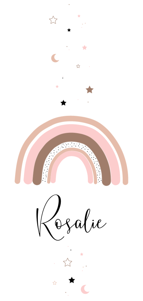 Lieve geboortekaart voor meisje met roze regenboog, sterren en maantje