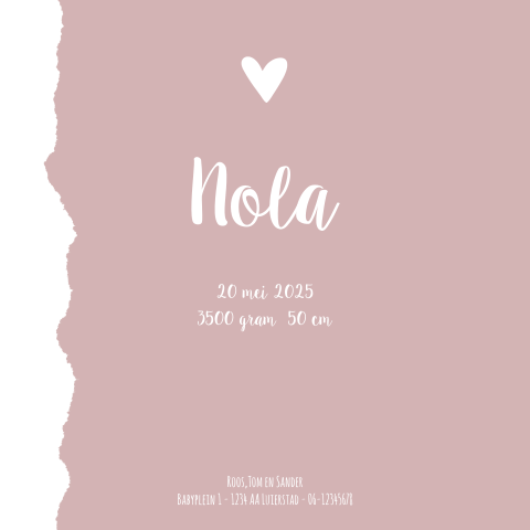 Schattig geboortekaartje voor meisje met oud roze verf en hartjes