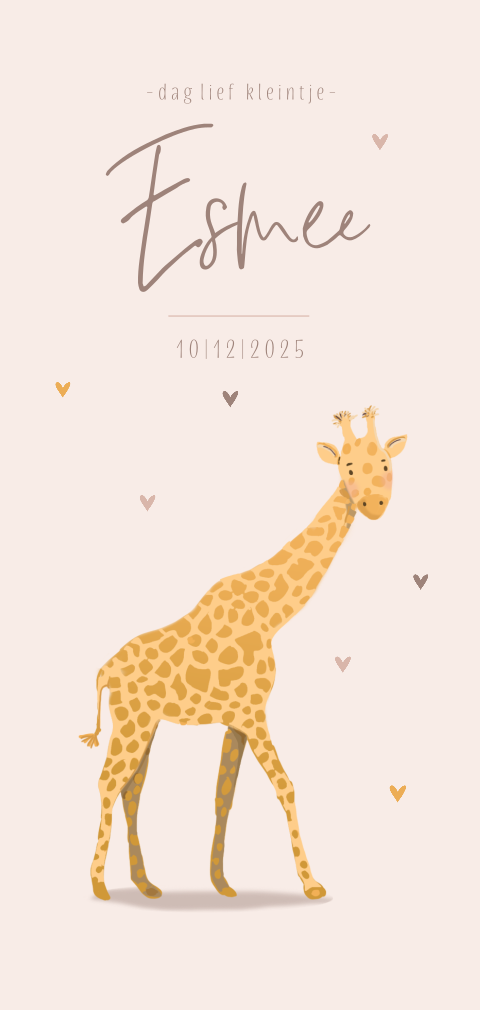 Stoer geboortekaartje voor meisje met illustratie giraf en hartjes