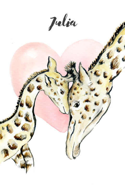 Schattig geboortekaartje voor meisje met aquarel giraffes en hartje