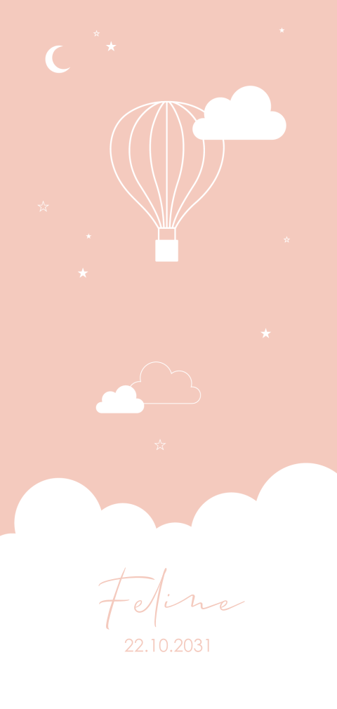 Lief geboortekaartje met luchtballon, maan en sterren voor een meisje