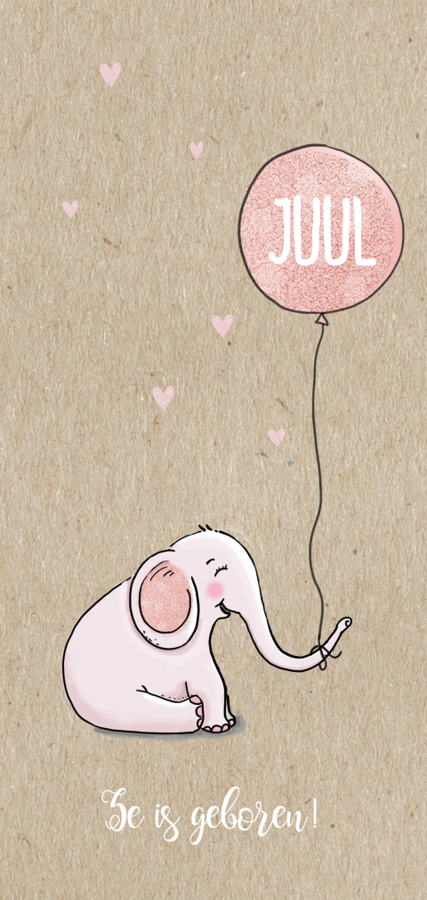 Lief geboortekaartje met roze olifant op kraftlook