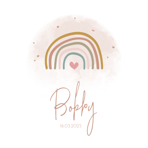 Trendy geboortekaartje voor meisje met regenboogje, hartje en aquarel