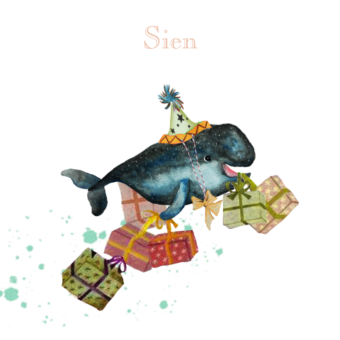 Retro geboortekaartje met walvis met cadeautjes en blauwe waterverf