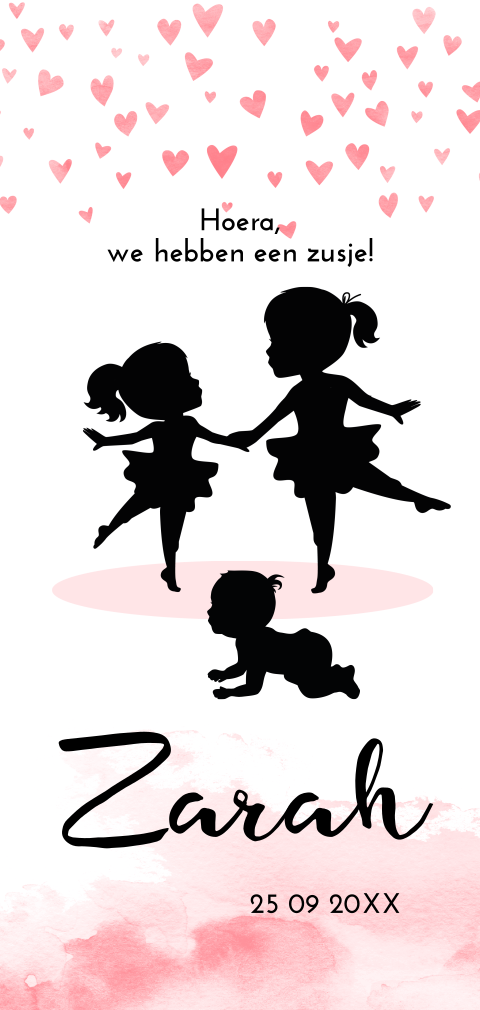 Romantisch geboortekaartje met silhouet van drie dansende zusjes