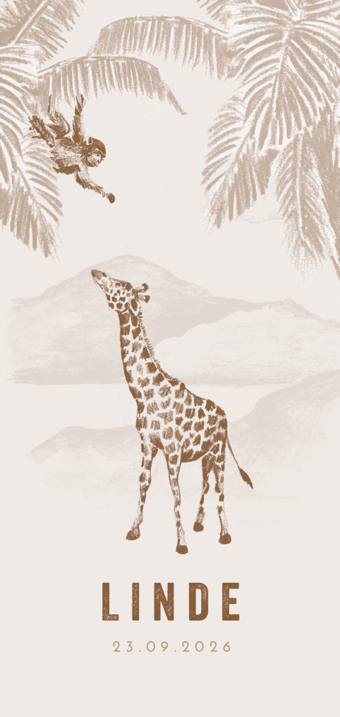 Lief geboortekaartje met giraffe en aapje en ronde hoekjes
