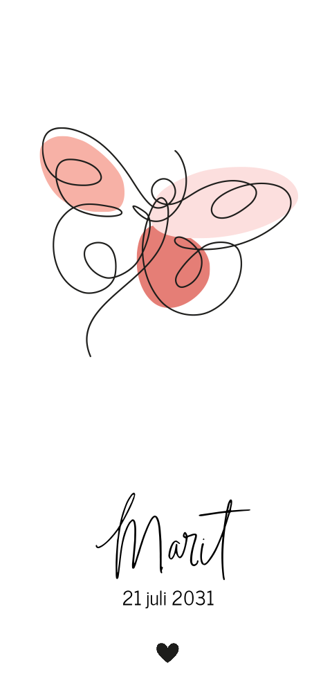 Trendy geboortekaartje met lijntekening vlinder en ronde hoeken