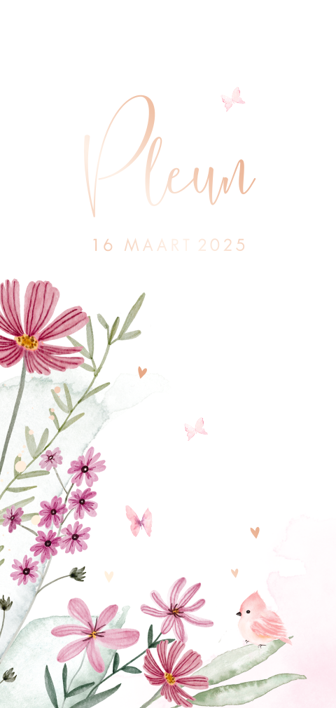 Trendy roségoudfolie geboortekaartje met ronde hoeken en veldbloemen