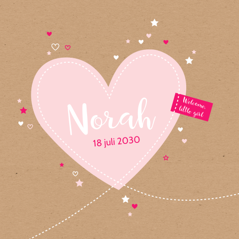 Lief geboortekaartje met groot roze hart op kraft karton-look