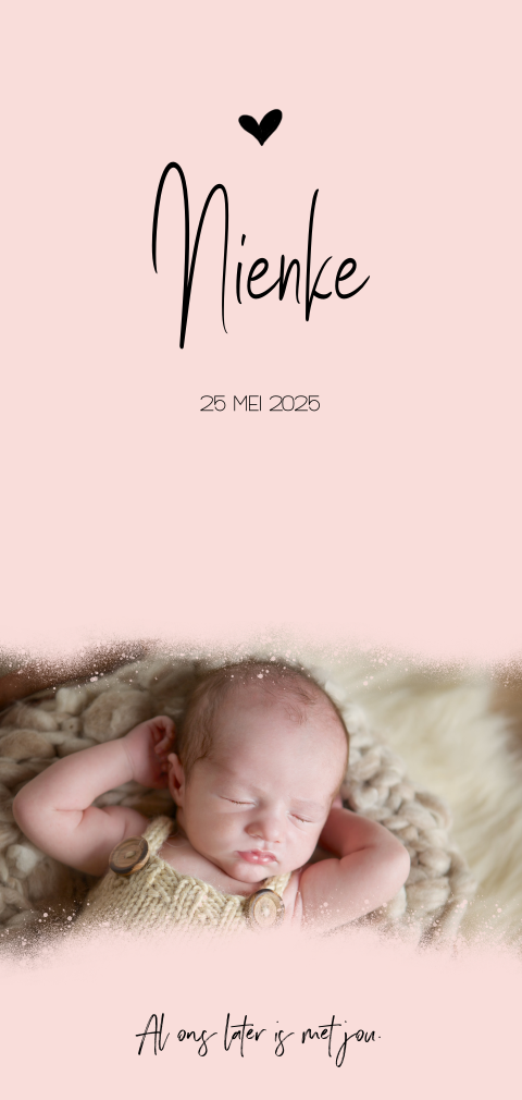 Eenvoudig geboortekaartje voor meisje in oud roze met eigen foto