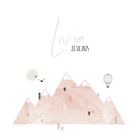 Stoer geboortekaartje voor meisje met bergen en luchtballon