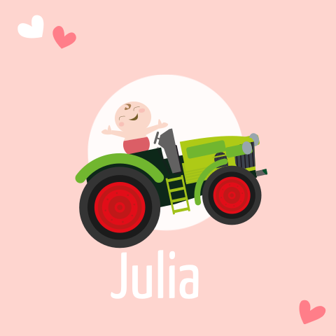 Stoer geboortekaartje met illustratie van meisje op traktor