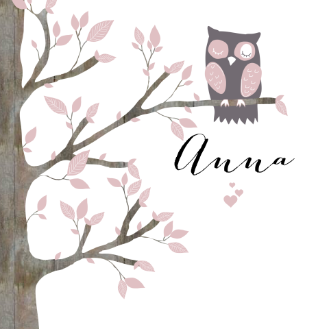 Lief geboortekaartje voor meisje met roze uil in boom