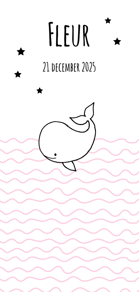 Langwerpig geboortekaartje met getekend walvisje in roze zee