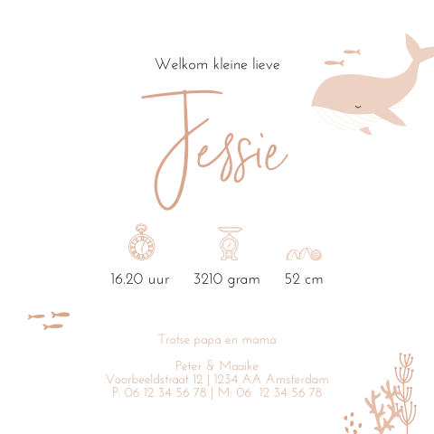 Trendy geboortekaartje voor meisje met walvis en waterdieren