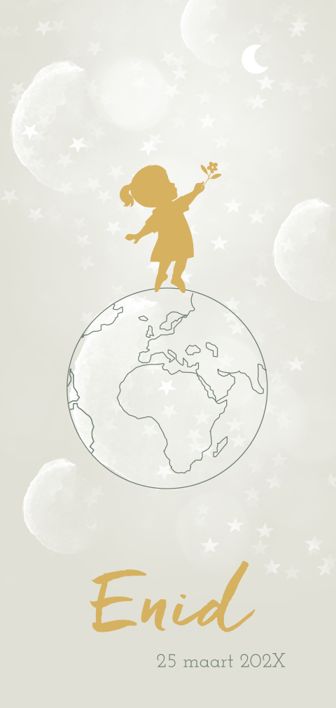 Stoer geboortekaartje voor meisje met planeten en sterretjes