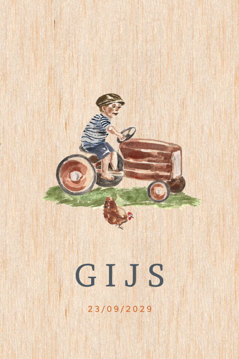 Echt houten geboortekaartje met jongen op tractor en ronde hoeken