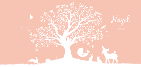 Geboortekaartje dieren, boom en wiegje in silhouet