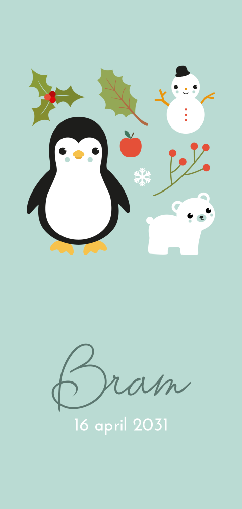 Origineel geboortekaartje voor jongen met pinguïn, ijsbeer en kersttak
